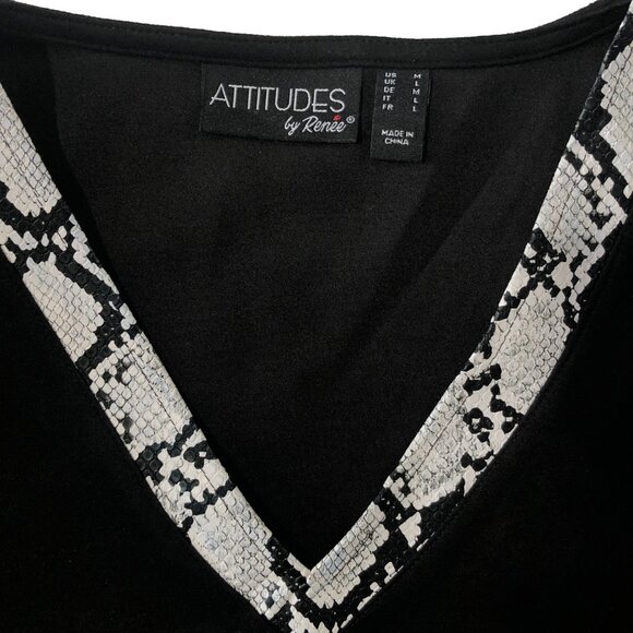 Attitudes by Renee Womens Black M Faux Suede Snake Trim 3/4 Sleeve Loose Top - Picture 4 of 8